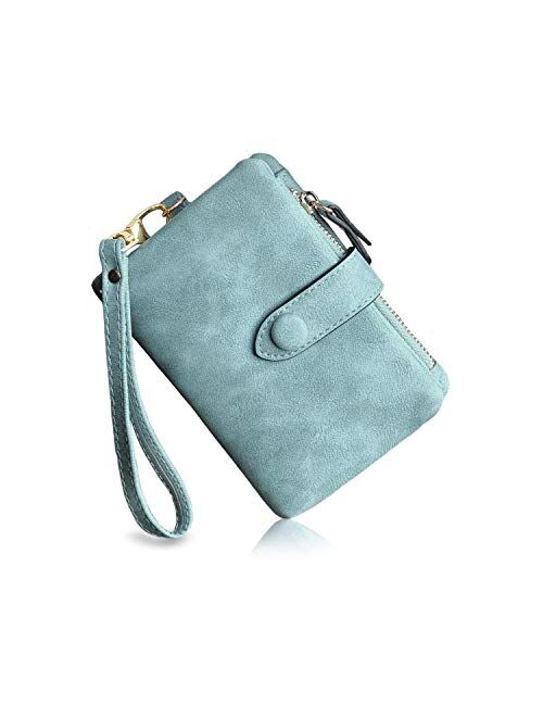 PofeeXIO Womens Small Bifold Leather Wallets Rfid Ladies Wristlet with Card slots id window Zipper Coin Purse