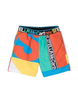 Kids colour-block recycled-polyester swim shorts