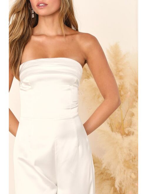 Lulus Elegant Desires Ivory Satin Strapless Cutout Wide-Leg Jumpsuit