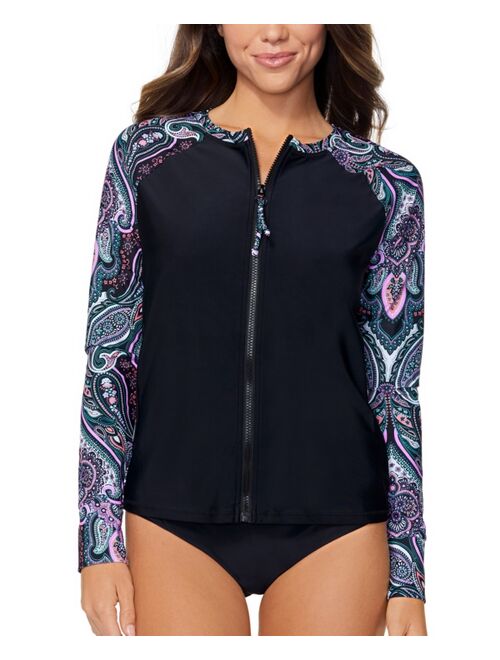 RAISINS Juniors' Printed Long-Sleeve Zip-Front Rash Guard