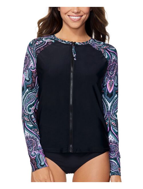 RAISINS Juniors' Printed Long-Sleeve Zip-Front Rash Guard