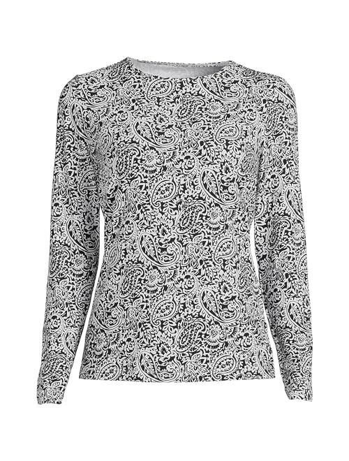 LANDS' END Women's Crew Neck Long Sleeve Rash Guard UPF 50 Sun Protection Modest Swim Tee Print