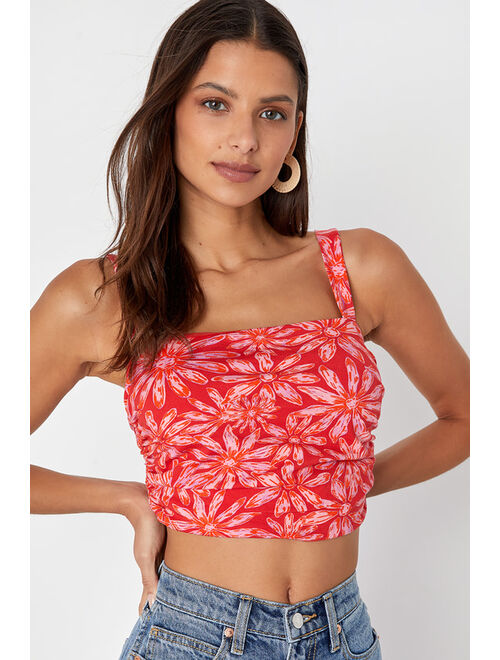 Free People All Tied Up Red Floral Print Cropped Tie-Back Tank Top