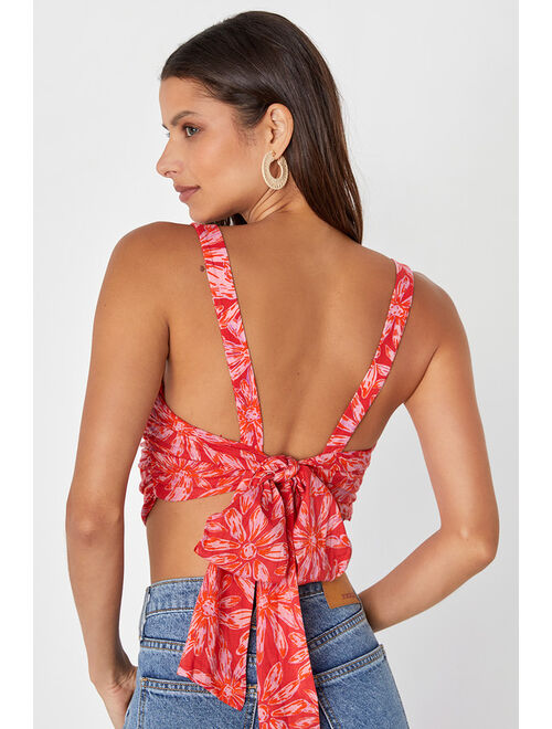 Free People All Tied Up Red Floral Print Cropped Tie-Back Tank Top