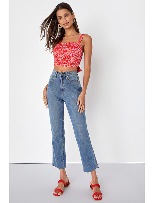 Free People All Tied Up Red Floral Print Cropped Tie-Back Tank Top