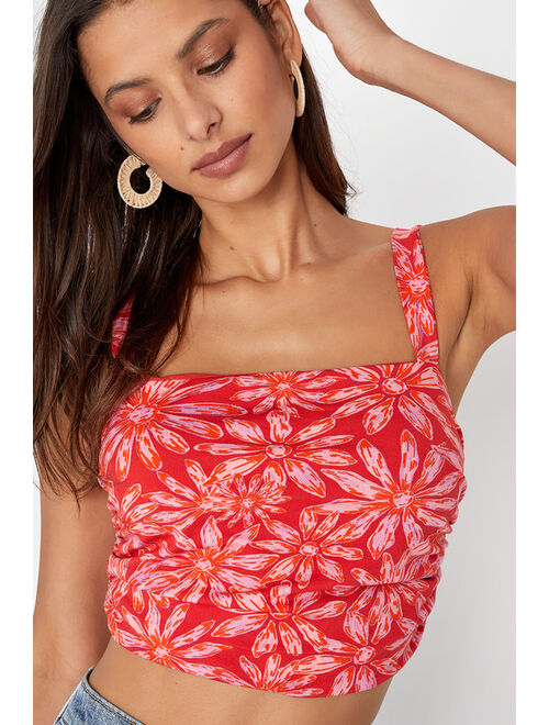 Free People All Tied Up Red Floral Print Cropped Tie-Back Tank Top