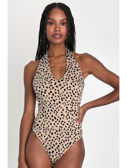 Lulus Wild Favorite Tan Animal Print Halter Neck Bodysuit