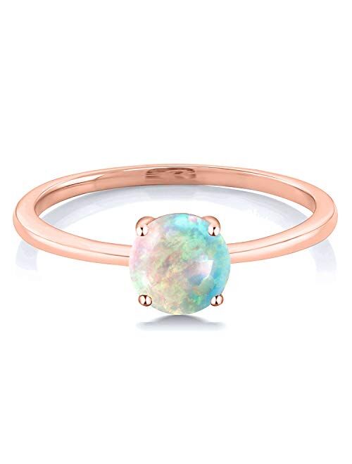 Gem Stone King 10K Rose Gold White Simulated Opal Women Engagement Ring (0.30 Ct Round Cabochon Cut, Available 5,6,7,8,9)