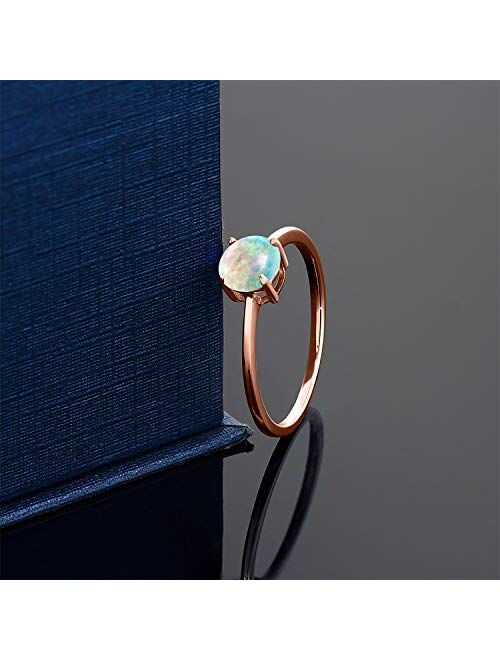 Gem Stone King 10K Rose Gold White Simulated Opal Women Engagement Ring (0.30 Ct Round Cabochon Cut, Available 5,6,7,8,9)