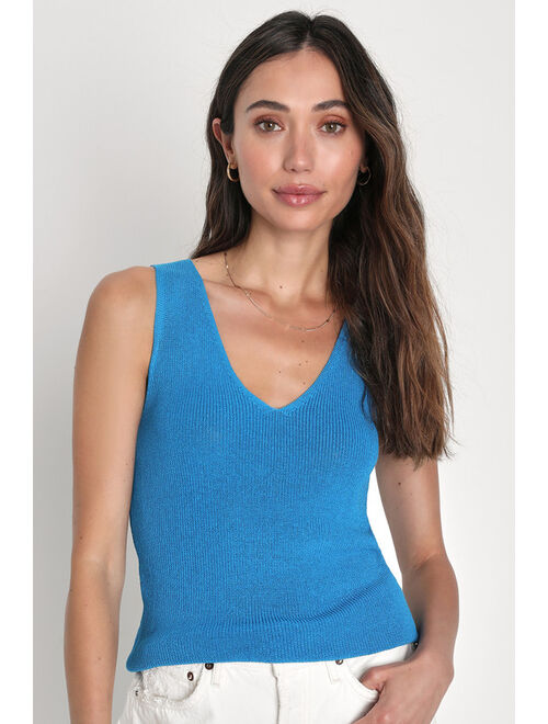 Lulus Successfully Effortless Blue Sweater Knit V-Neck Tank Top