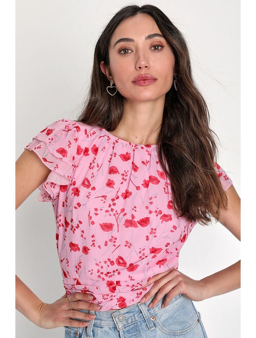 Lulus Successful Style Pink Floral Ruffled Short Sleeve Tie-Back Top