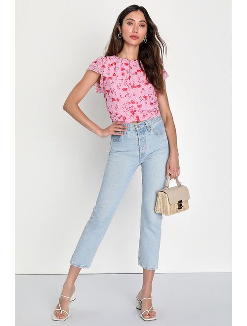 Lulus Successful Style Pink Floral Ruffled Short Sleeve Tie-Back Top