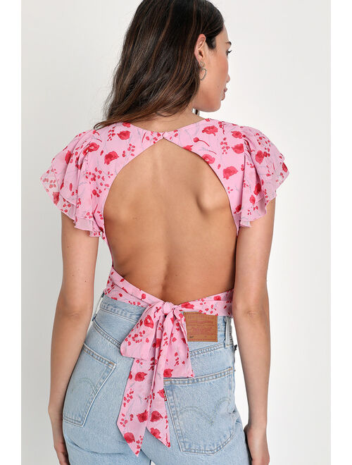 Lulus Successful Style Pink Floral Ruffled Short Sleeve Tie-Back Top