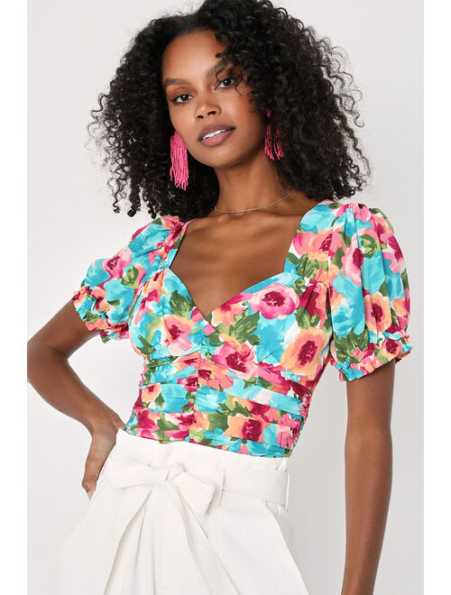 Lulus Hues of You Teal Multi Floral Print Ruched Puff Sleeve Crop Top