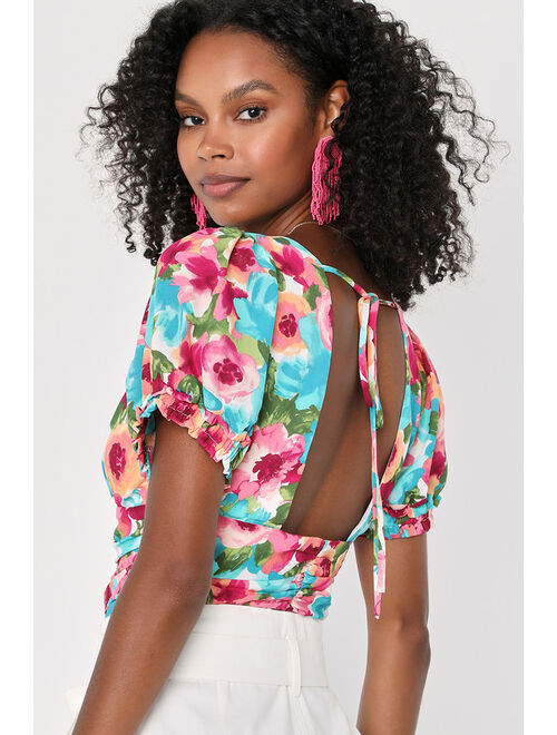 Lulus Hues of You Teal Multi Floral Print Ruched Puff Sleeve Crop Top