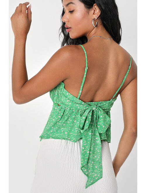 Lulus Perfect Aesthetic Green Floral Print Pleated Tie-Back Top