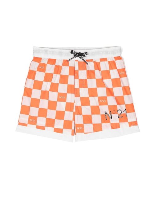 No21 Kids checked logo-print swim shorts