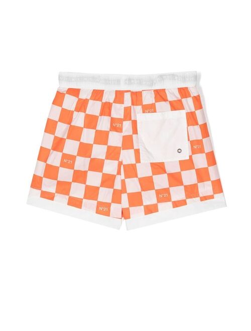 No21 Kids checked logo-print swim shorts