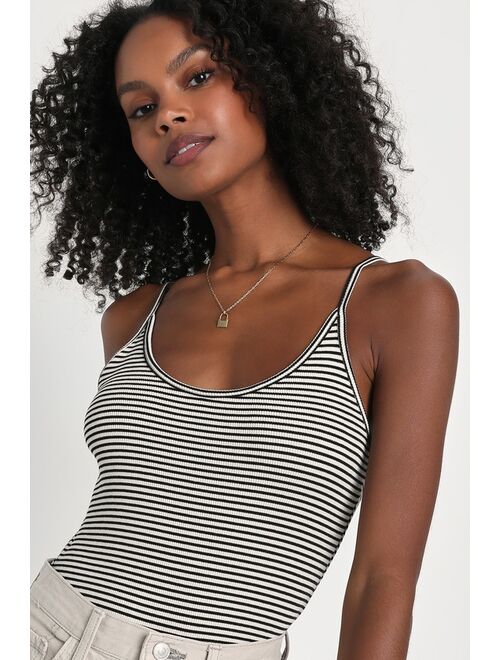 Lulus Chic Flirt Black and White Striped Ribbed Strappy Bodysuit