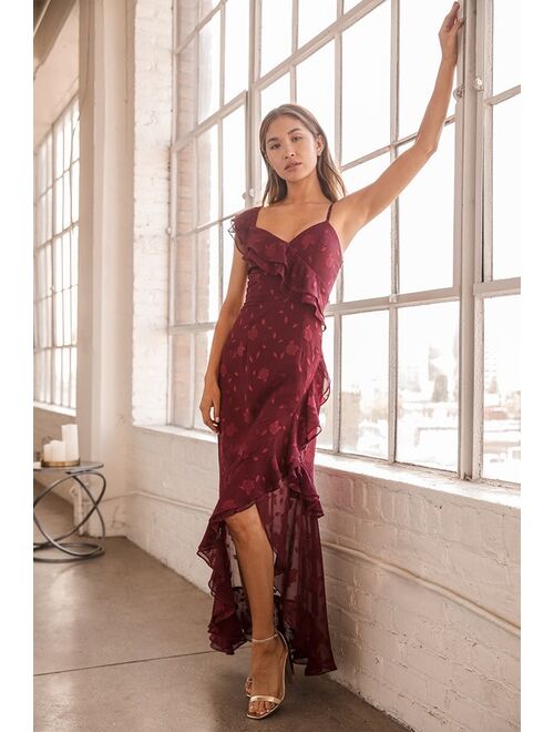 Lulus Forever Be Burgundy Floral Jacquard Ruffled Maxi Dress