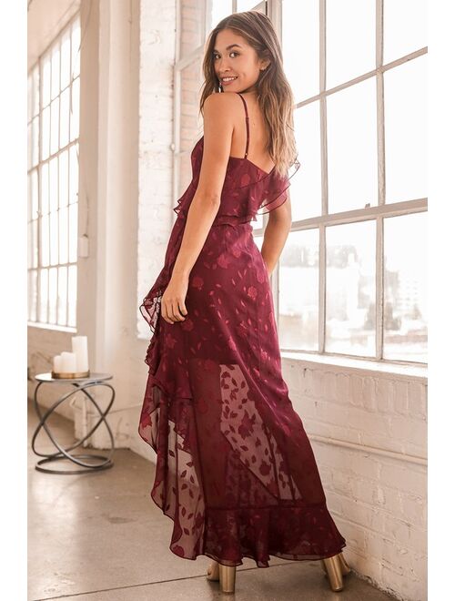 Lulus Forever Be Burgundy Floral Jacquard Ruffled Maxi Dress