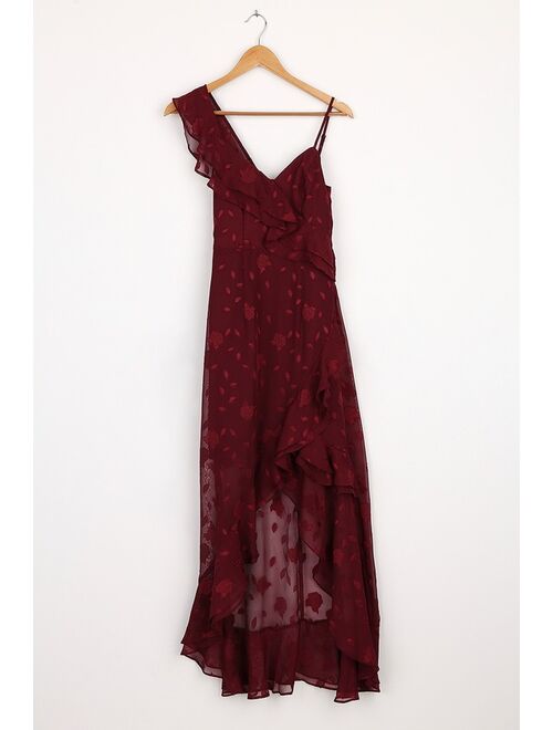 Lulus Forever Be Burgundy Floral Jacquard Ruffled Maxi Dress