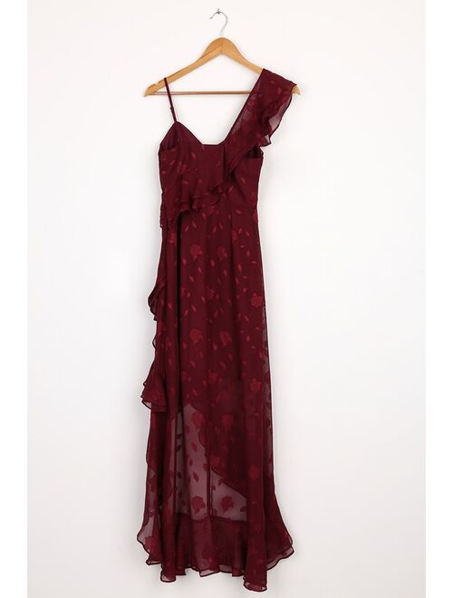 Lulus Forever Be Burgundy Floral Jacquard Ruffled Maxi Dress