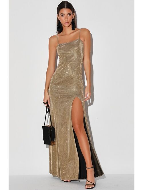 Lulus Searching For You Metallic Gold Glitter Mermaid Maxi Dress