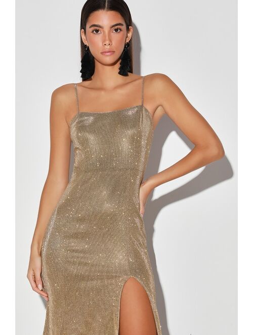 Lulus Searching For You Metallic Gold Glitter Mermaid Maxi Dress