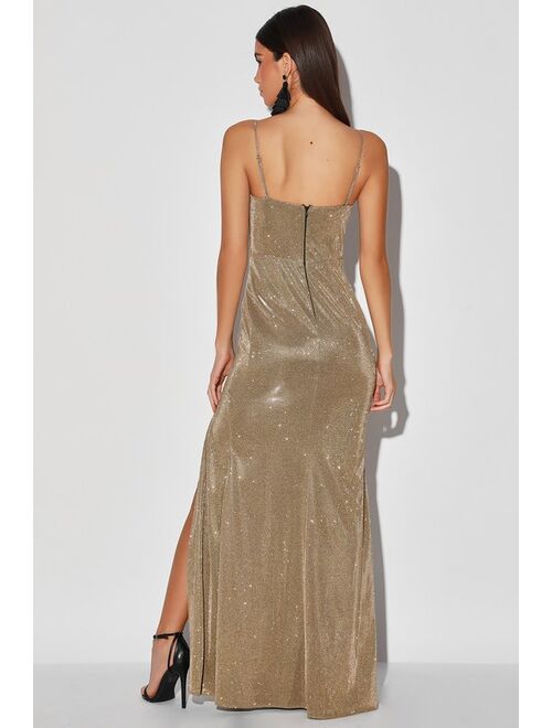 Lulus Searching For You Metallic Gold Glitter Mermaid Maxi Dress