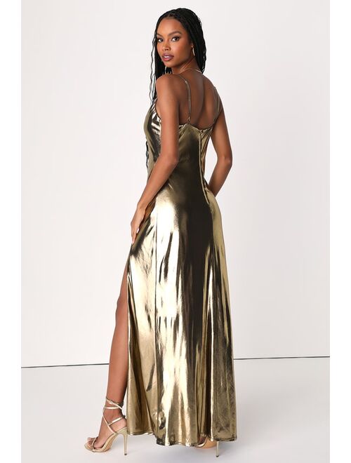 Lulus Glow Girl Glow Gold Metallic Sleeveless Cowl Neck Maxi Dress