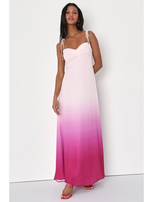 Lulus Maximum Allure Pink and Purple Ombre Satin Tie-Strap Maxi Dress