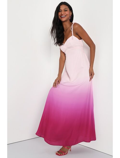 Lulus Maximum Allure Pink and Purple Ombre Satin Tie-Strap Maxi Dress