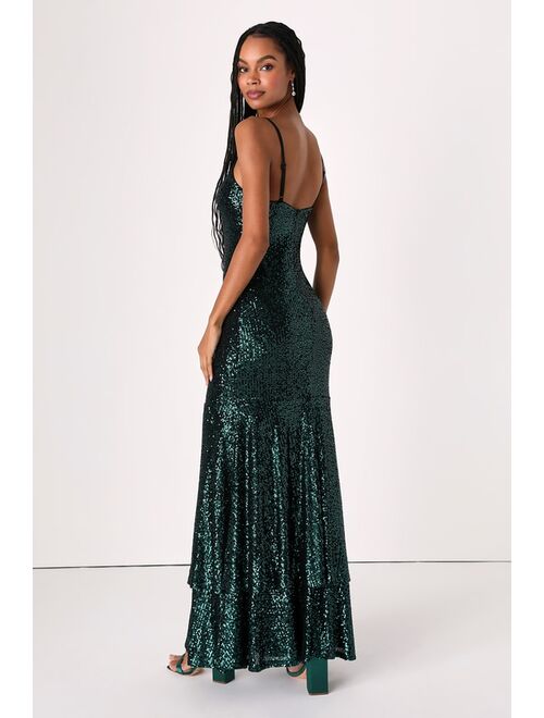 Lulus Shimmering Sensation Emerald Green Sequin Ruffled Maxi Dress