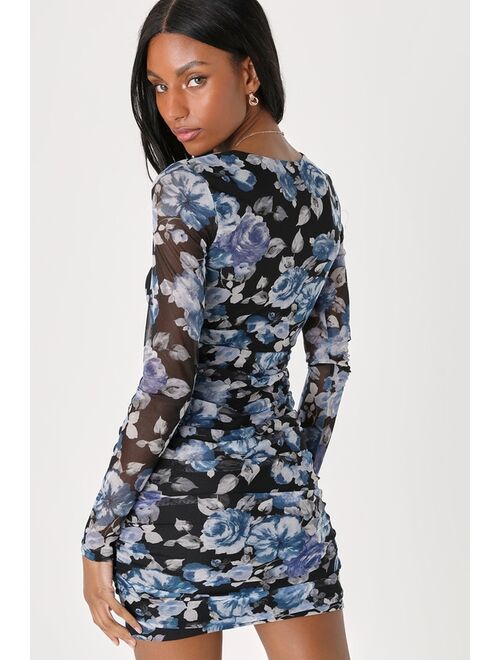 Lulus Exquisite Cutie Black Floral Print Ruched Long Sleeve Mini Dress