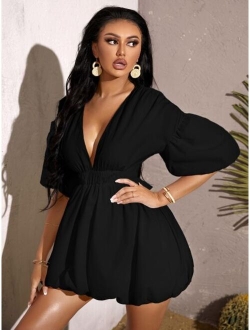 SXY Deep V Neck Puff Sleeve Dress