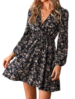 Womens V Neck Floral Mini Dress Long Sleeve A Line Surplice