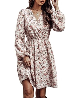 Womens V Neck Floral Mini Dress Long Sleeve A Line Surplice