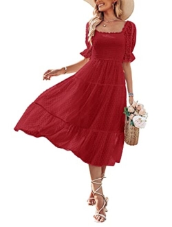 Women's Summer Square Neck Puff Sleeve Boho Midi Dress Swiss Dot Ruffle Flowy Tie Back Dress