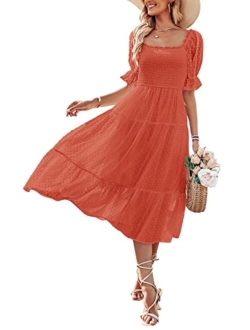 Women's Summer Square Neck Puff Sleeve Boho Midi Dress Swiss Dot Ruffle Flowy Tie Back Dress