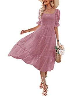 Women's Summer Square Neck Puff Sleeve Boho Midi Dress Swiss Dot Ruffle Flowy Tie Back Dress