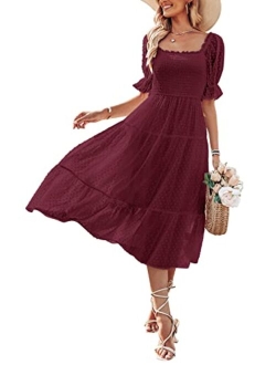 Women's Summer Square Neck Puff Sleeve Boho Midi Dress Swiss Dot Ruffle Flowy Tie Back Dress