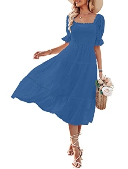 Women's Summer Square Neck Puff Sleeve Boho Midi Dress Swiss Dot Ruffle Flowy Tie Back Dress