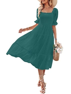 Women's Summer Square Neck Puff Sleeve Boho Midi Dress Swiss Dot Ruffle Flowy Tie Back Dress