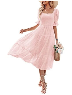 Women's Summer Square Neck Puff Sleeve Boho Midi Dress Swiss Dot Ruffle Flowy Tie Back Dress