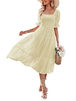 Women's Summer Square Neck Puff Sleeve Boho Midi Dress Swiss Dot Ruffle Flowy Tie Back Dress