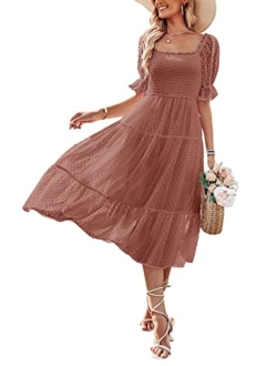 Women's Summer Square Neck Puff Sleeve Boho Midi Dress Swiss Dot Ruffle Flowy Tie Back Dress