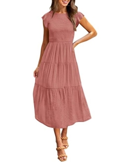 Women's Flutter Short Sleeve Smocked Midi Dress Summer Casual Tiered A-Line Dress