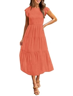 Women's Flutter Short Sleeve Smocked Midi Dress Summer Casual Tiered A-Line Dress