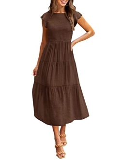 Women's Flutter Short Sleeve Smocked Midi Dress Summer Casual Tiered A-Line Dress